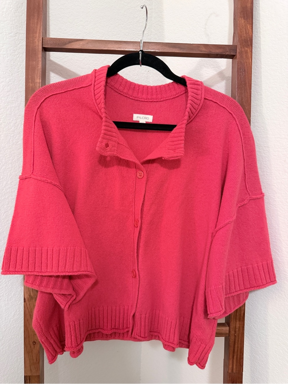Pilcro Vibrant Coral Pink/Red Short-Sleeve Button Cotton Blend Cardigan Size Med